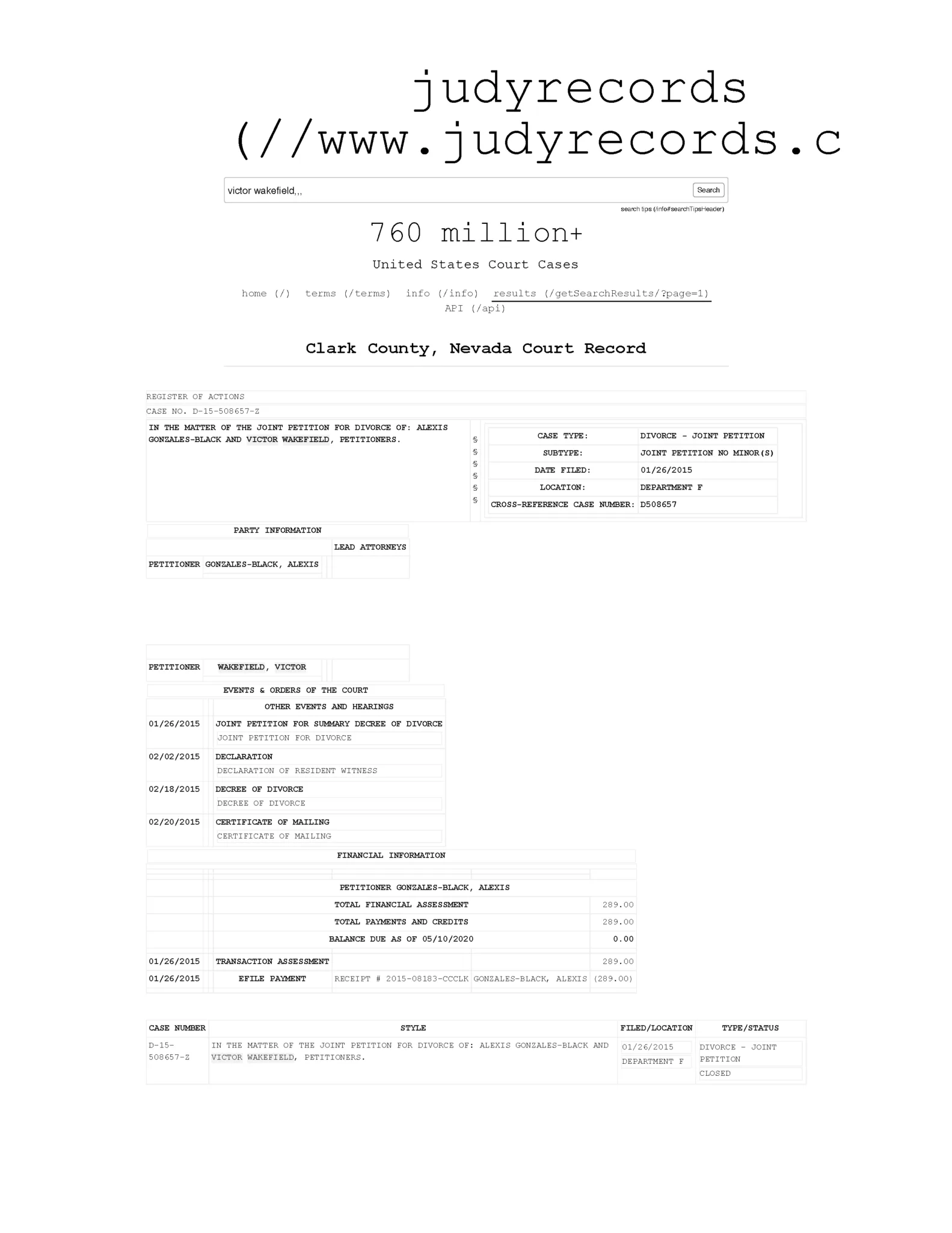 Clark County Nevada Court Record for Victor Wakefield and Alexis Gonzales-Black from judyrecords.